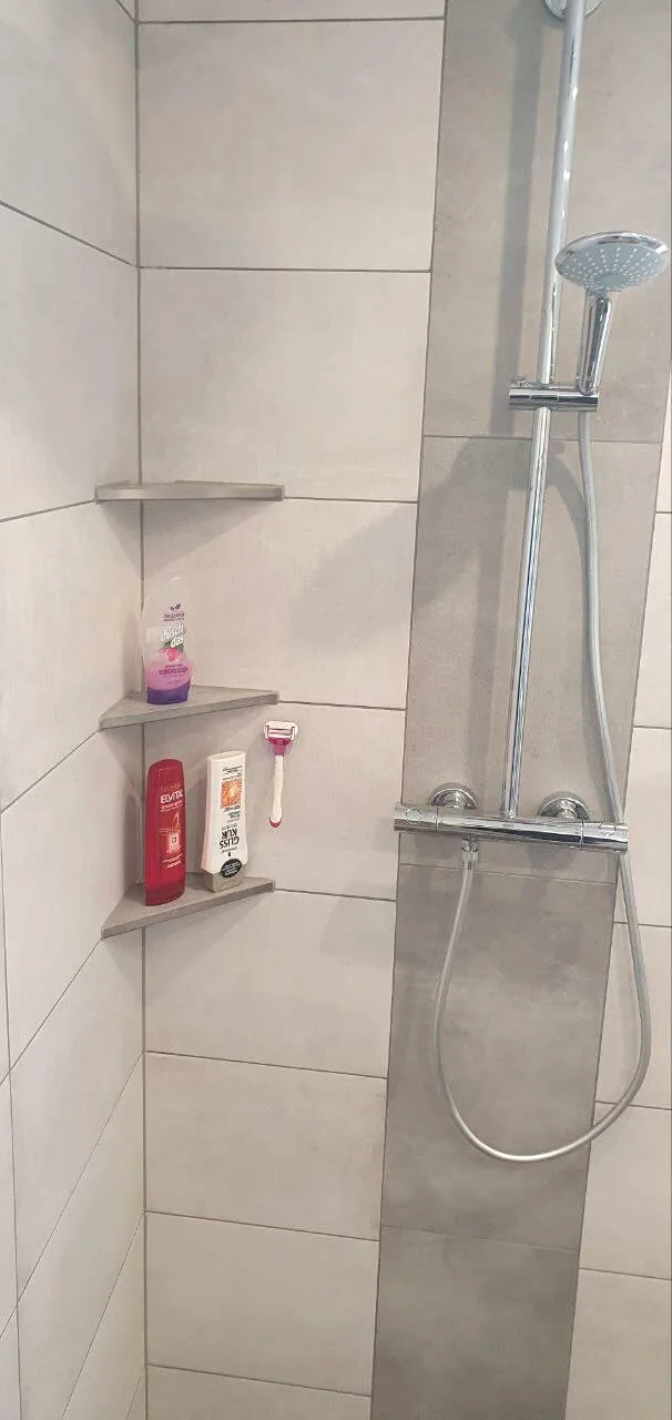Dusche mit Duschsäule, grauem Fliesenstreifen und Eckablagen